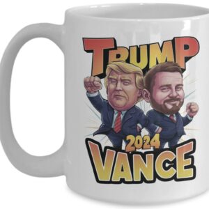 Trump Vance 2024 Coffee Mug: Political Caricature, Raised Fist, Trump Supporter Gift, Election Memorabilia