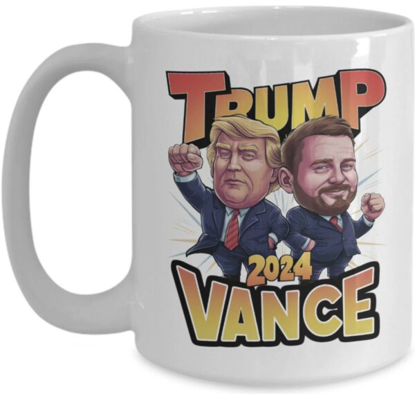 Trump Vance 2024 Coffee Mug: Political Caricature, Raised Fist, Trump Supporter Gift, Election Memorabilia